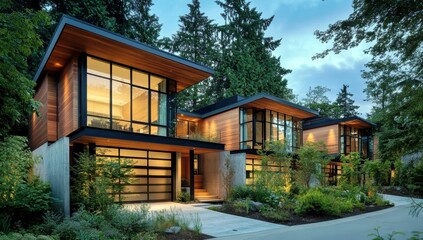Fototapeta premium Modern architectural design of a contemporary home surrounded by lush greenery and tall trees in a serene outdoor setting at twilight.