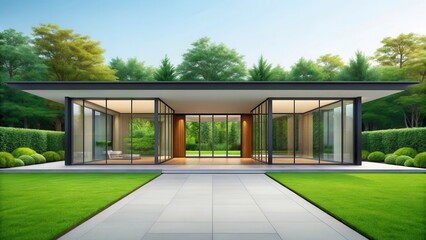 Fototapeta premium Modern Home With Expansive Glass Design Nestled in Lush Greenery Under Bright Blue Sky. Generative AI