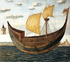 Sailing Ship on Water with Tower and Structures in Background Ancient Nautical Vessel Art Piece