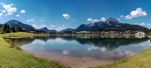 Obraz premium Serene Mountain Landscape with Clear Reflections and Blue Sky over Tranquil Lake Surrounded by Lush Green Hills and Scenic Alpine View