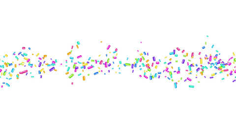 Sprinkle realistic with grains of desserts. Seamless pattern bright colorful sprinkles grainy isolated on white. Design for holiday designs, party, birthday, invitation. Vector 3d sweet confetti