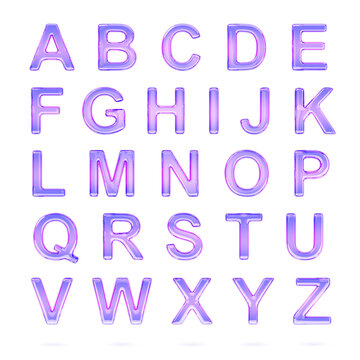 3d glass holographic liquid transparent English ABC alphabet, Latin script. Font letters with iridescent light hologram gradient texture. Crystal render text isolated on background. 3D illustration