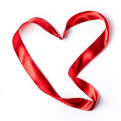 A thin red silk ribbon elegantly twisted into a heart shape, on isolated white background