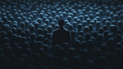 Obraz premium Colorful silhouette pf person standing in monochrome crowd of different people,surreal unique and different concept,loneliness in society,shadow,freedom,Love,be yourself,Stand out from the crowd.