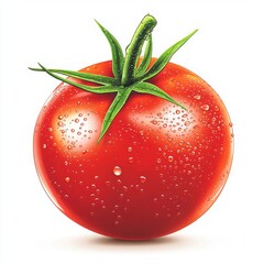Fresh Red Tomato Vector Illustration with Water Droplets and Greens