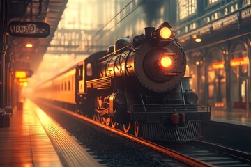 Obraz premium Vintage steam locomotive departs from an ornate train station during a golden hour sunset, creating a nostalgic atmosphere