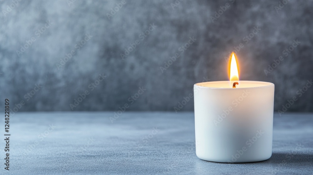 Poster lit white candle in minimalistic setting with gray background