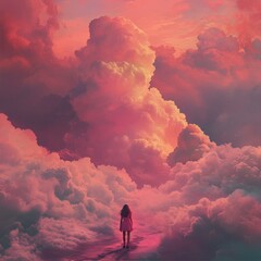 Solitary Figure Amidst Ethereal Clouds Journey of Reflection and Self Discovery Pink Dreamscape