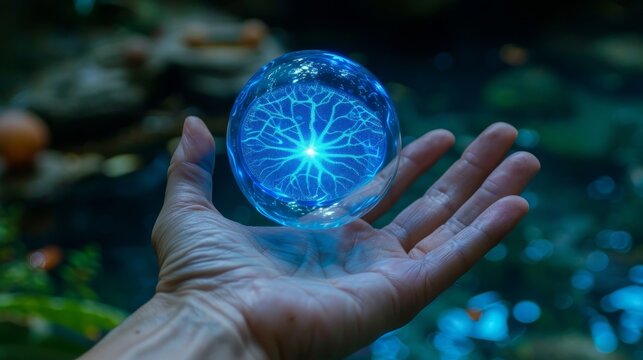 Floating holographic technology icons in a hand against a smooth blue background