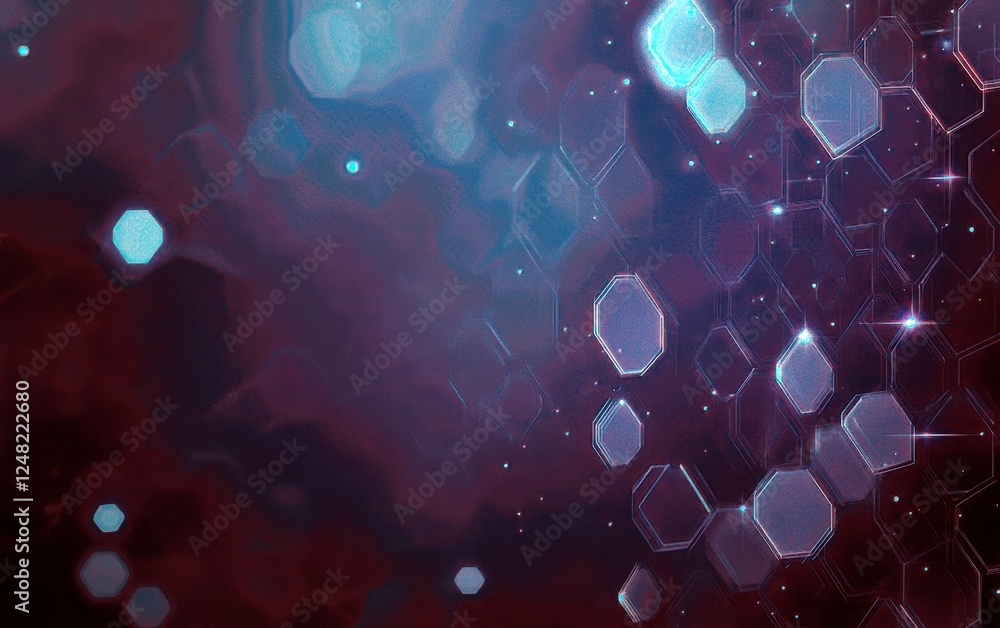 Poster abstract futuristic background with glowing hexagons and particles in soft blue and red hues, ideal 