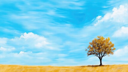 Obraz premium Lone tree in vast field under bright blue sky