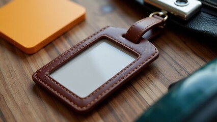 Brown leather luggage tag mockup on a wooden surface with an orange square object nearby.