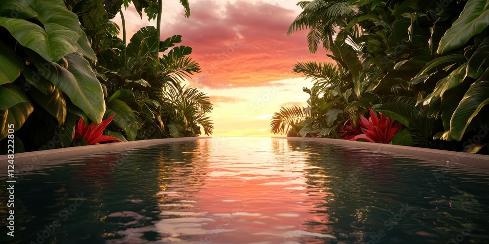 Aufkleber a serene view of a tranquil pool surrounded by lush greenery, reflecting a vibrant sunset, creating 