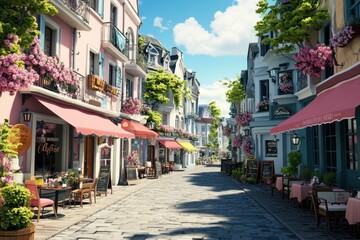 Fototapeta premium Charming cobblestone street lined with quaint cafes and blooming flowers under a bright blue sky