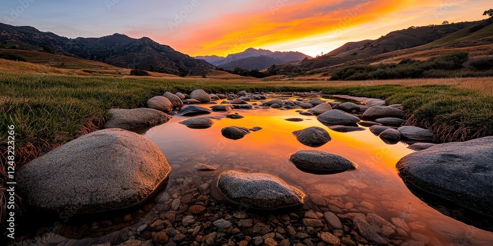 Poster a serene landscape featuring a tranquil stream reflecting a colorful sunset, surrounded by mountains