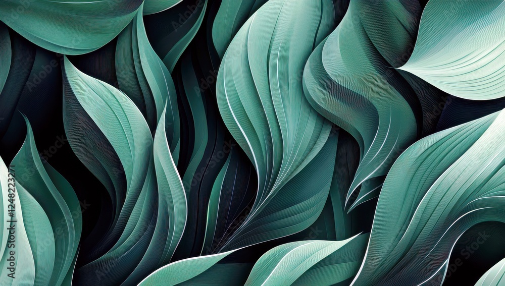 Poster serene abstract wave patterns of green and teal leaves on dark background capturing organic flow and