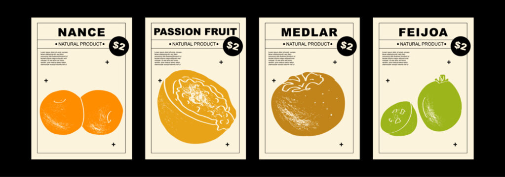Nance, passion fruit, medlar, feijoa. Set of posters of fruits in a abstract draw design. Label or poster, price tag. Simple, flat design. Patterns and backgrounds. Perfect for poster, cover, banner.