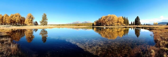 Serene Autumn Landscape with Reflections of Trees and Mountains in Calm Water Under Bright Blue Sky in Vibrant Colors of Nature
