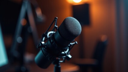 A close-up of a professional microphone mockup in a dimly lit studio setting.