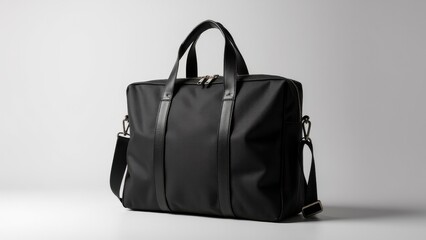 Black messenger bag mockup with handles and a shoulder strap, perfect for business or casual use.