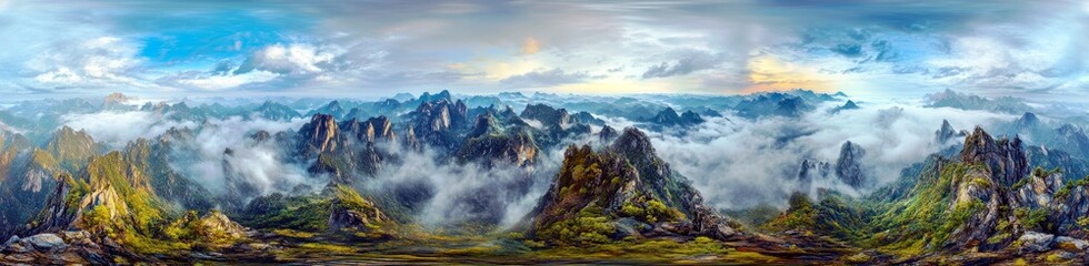 Enchanting panoramic landscape view of majestic mountains shrouded in mist with colorful skies and dynamic cloud patterns during the daybreak light