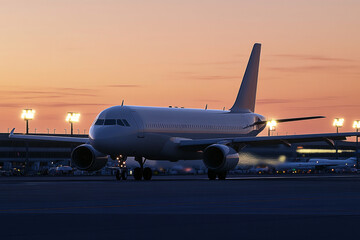 Commercial airplane taxiing on runway at sunset with airport lights