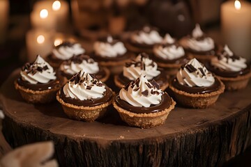 Close-up of handmade chocolate tartlets with rich filling and whipped cream