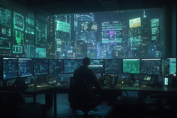 A futuristic scene with virtual reality, AI, smart devices, and holographic interfaces, creating an atmosphere of digital transformation.