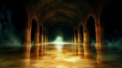 Mysterious hall with arched columns reflecting floor and distant light shrouded in mist creating a sense of anticipation and wonder