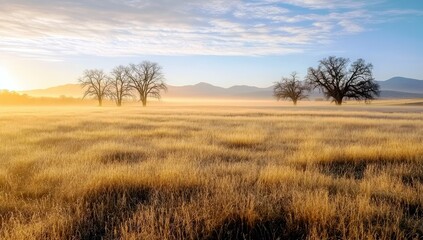 Serene Sunrise Over Golden Grassland with Silhouetted Trees and Rolling Hills in the Background, Capturing Tranquility and Natural Beauty at Dawn