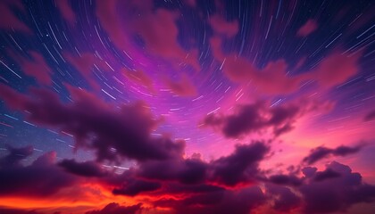 Obraz premium Cosmic Dance: Star Trails Over Vivid Pink Clouds