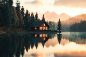 Fototapeta premium Serenity envelops a lakeside cabin at dawn with mountains reflected in still waters