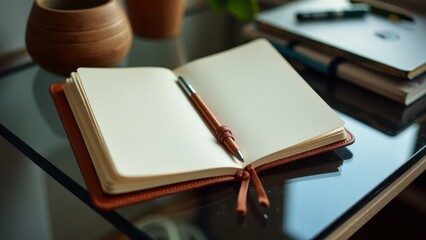 Naklejka premium Planner mockup with a pen on a glass table, surrounded by books and a wooden pot.