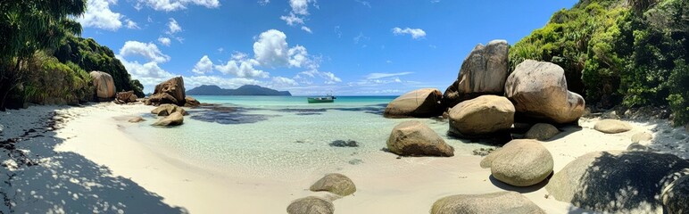 Scenic tropical beach with crystal clear water and large rocks under a bright blue sky, surrounded by lush greenery and distant mountains