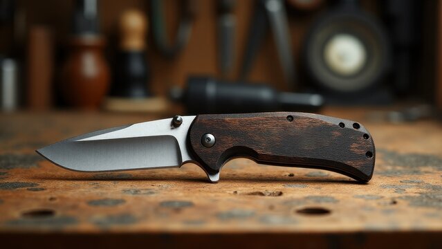 A pocket knife mockup with a wooden handle and a stainless steel blade, placed on a workbench.
