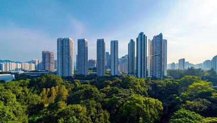 Obraz premium Modern Urban Skyline Surrounded by Lush Greenery with Towering Residential Buildings in a Clear Blue Sky in a Bustling City Landscape