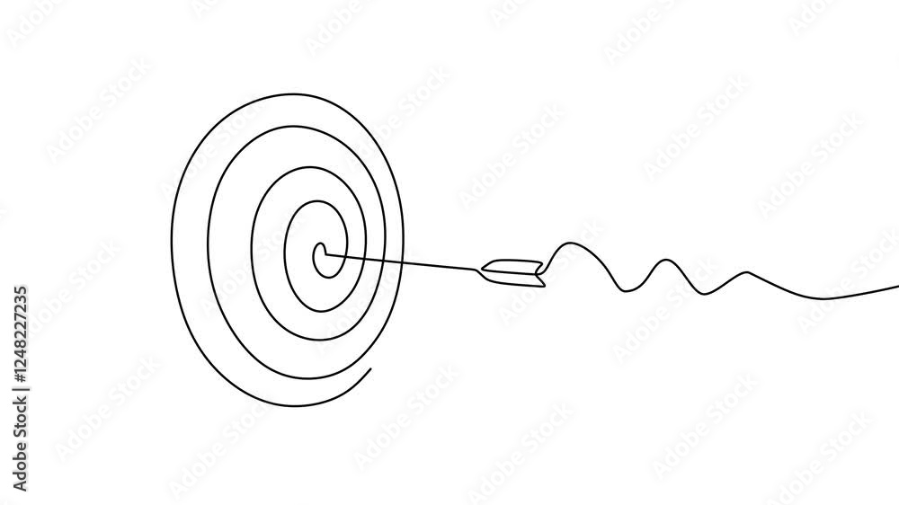 Poster continuous line drawing animation of arrow in center of target. one hand drawn goal object of archer