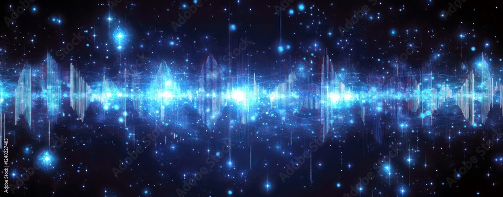 Poster abstract sound wave visualization with blue light against a cosmic background featuring stars and gl