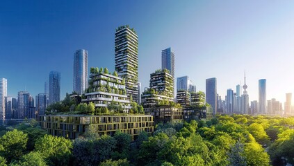Fototapeta premium Modern Urban Eco Architecture with Green Spaces and Skyscrapers in a City Landscape Surrounded by Lush Vegetation and Clear Blue Sky