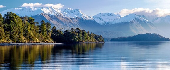Obraz premium Serene Lake Surrounded by Snow-Capped Mountains and Lush Green Forest Under Clear Blue Sky in New Zealand's Scenic Landscape