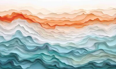 Obraz premium Abstract layered landscape, sunset hues, calming waves, paper art style, design background