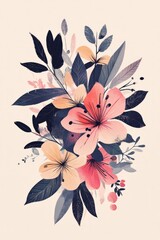 A modern floral illustration in pastel colors with symmetrical placement on a solid background.