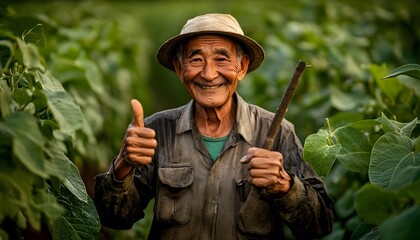 A smiling farmer stands proudly amidst his vibrant green crops