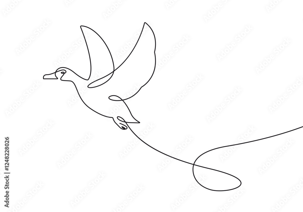Poster flying duck bird silhouette continuous one line drawing. duck bird black linear isolated on white ba