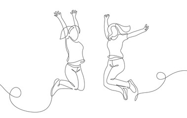 Fototapeta premium Happy Two Women Jumping Continuous Line Art Drawing. Two Girls Jump Line Art Vector Illustration. Happy Women`s Day Black Linear Sketch Isolated on White background