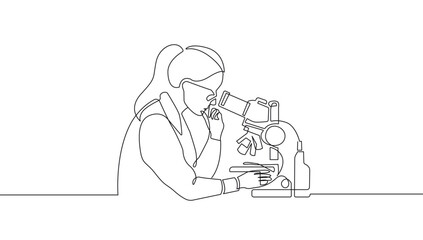 Woman Scientist Continuous One Line Drawing. Woman with Microscope One Line Vector Illustration. Minimal Trendy Contemporary Design for Science Social Media, Posters, Invitations, Branding Design