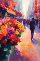 A painting of local flowers in a bold, impressionist style, using vivid, exaggerated colors.