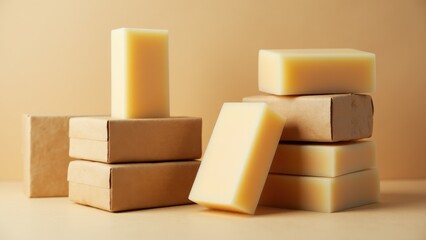 Soap bar mockup with several unwrapped and wrapped soap bars stacked on a beige background.