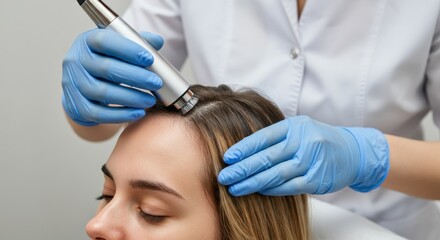 Female caucasian adult receiving scalp treatment at spa with blue gloves