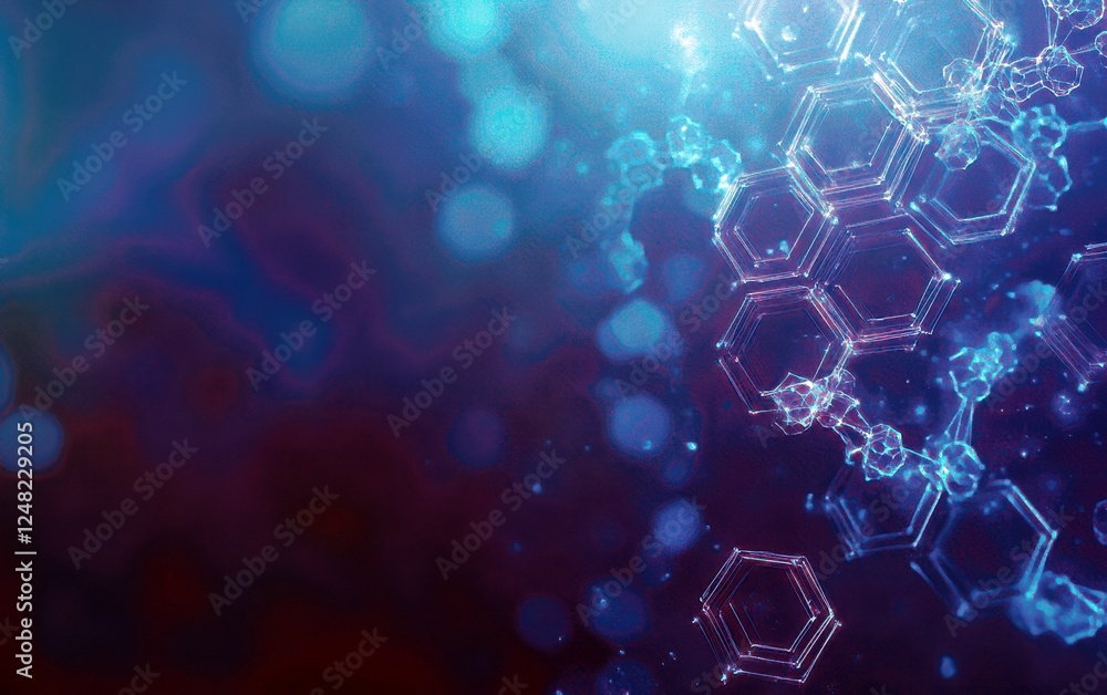 Poster abstract molecular structures with glowing hexagons and blue bokeh lights in a vibrant digital backg